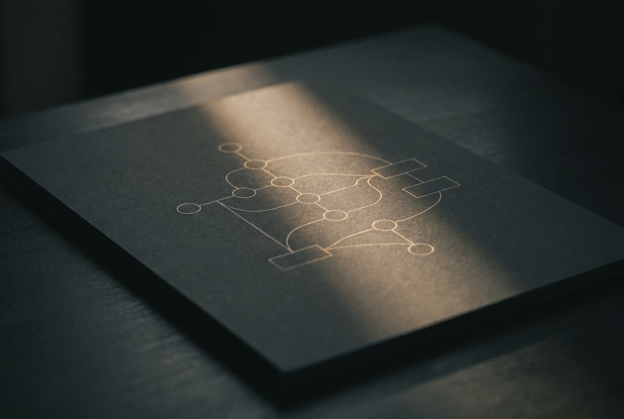 An abstract diagram of circles, rectangles and connecting lines drawn in pale gold ink on dark grey paper.