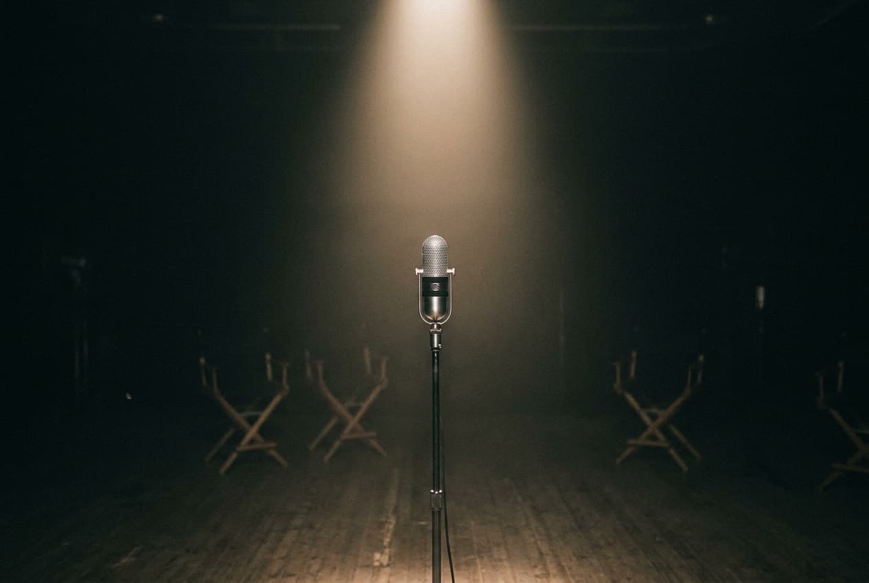 A vintage broadcast microphone alone on a stand under a single spotlight in an empty, darkened studio.