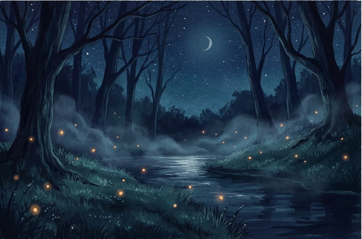 Painted night scene: fireflies drifting over a misty river in a dark forest, beneath a crescent moon.