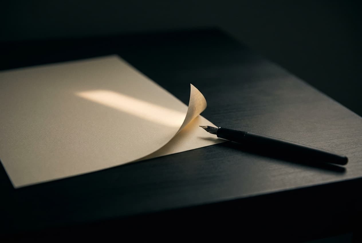 A blank cream sheet of paper and a fountain pen on a dark desk, one corner of the page lifted into the light.