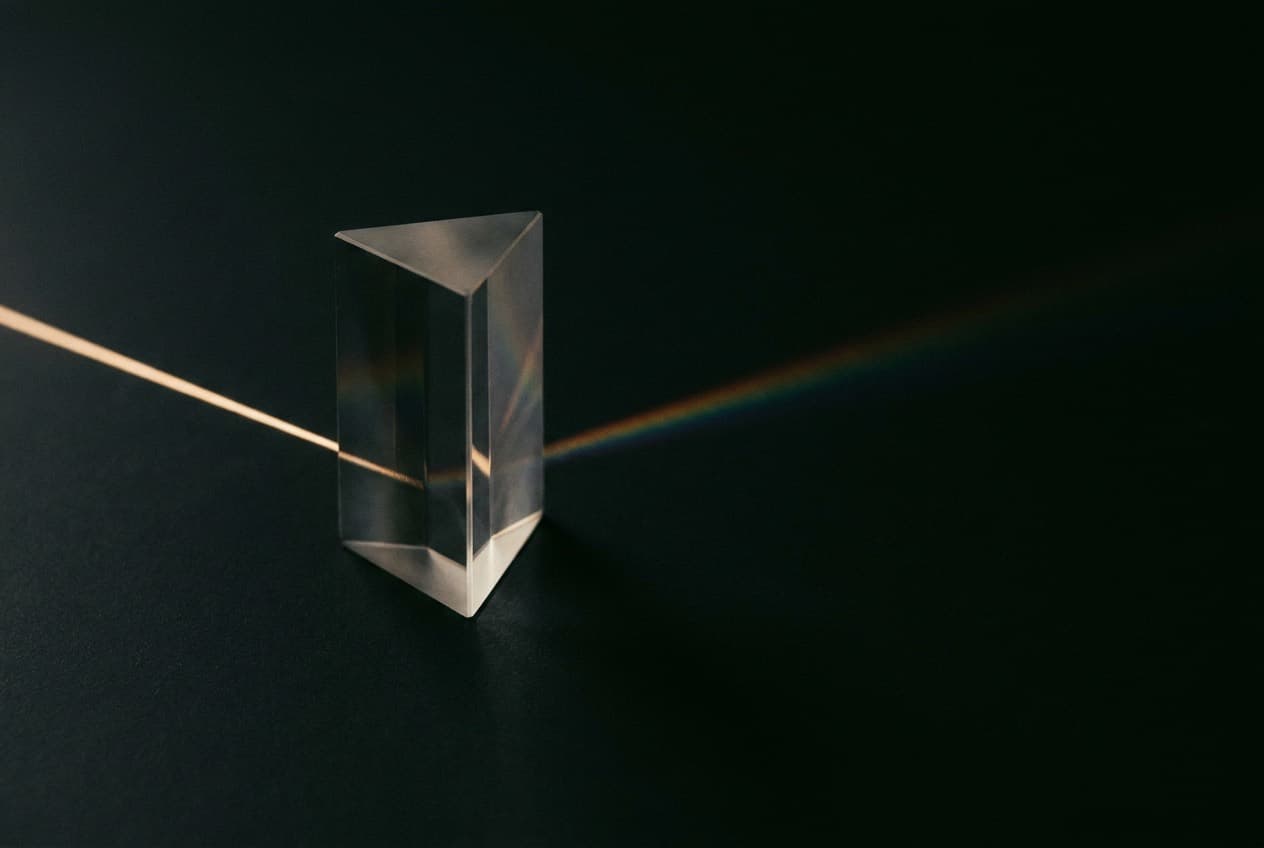 A glass prism on a dark surface, splitting a narrow beam of light into a faint spectrum.