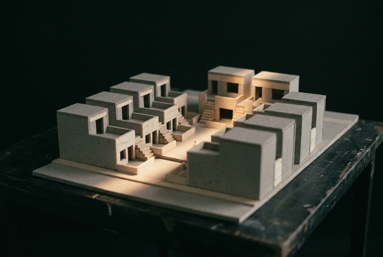 A hand-built architectural model of stepped modular housing units in chipboard and pale timber, lit from one side on a workbench.